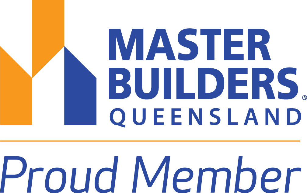 Logo for Master Builders Queensland with a black background, featuring a stylized building graphic in black, orange, and blue, and text in blue that reads 'Master Builders Queensland Proud Member'.