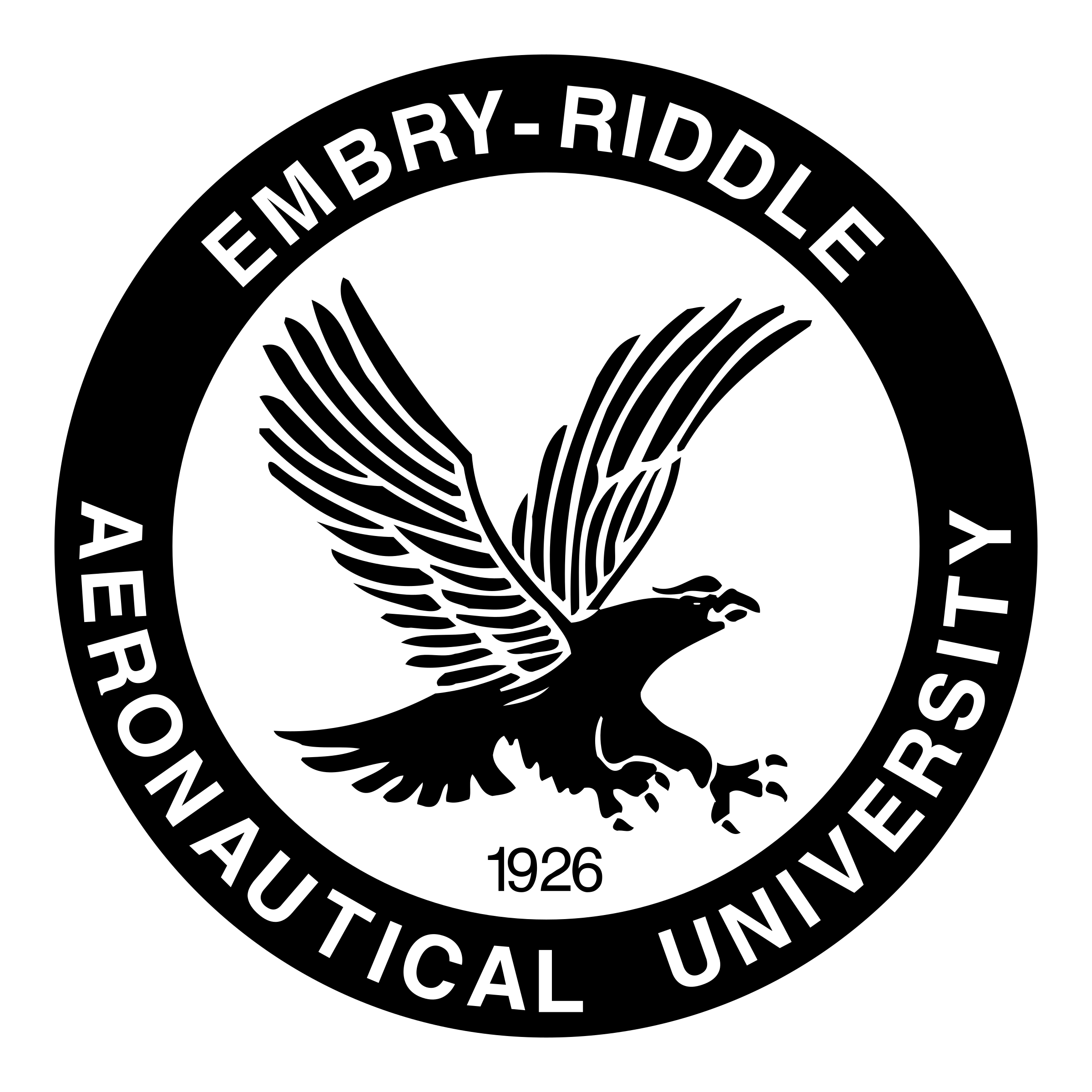 Black and white emblem with a bird in flight and the text 'Embury-Riddle Aeronautical University 1926' surrounding the bird.