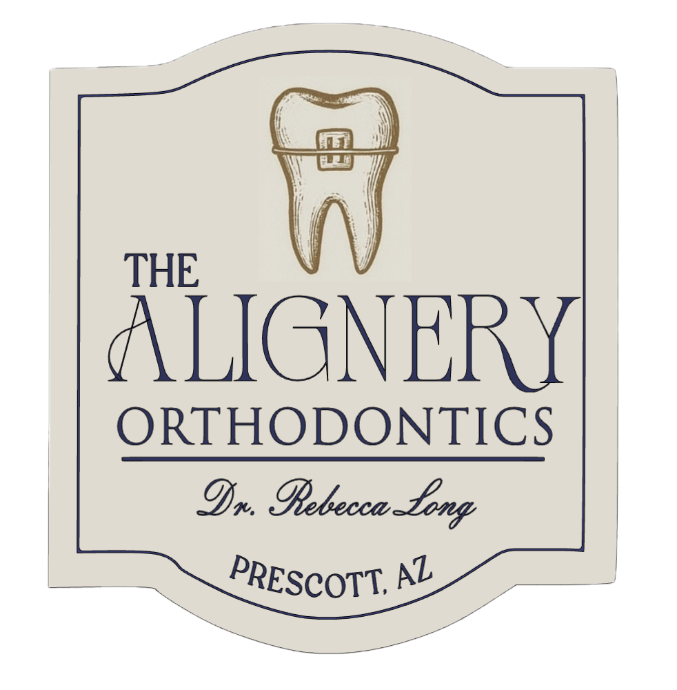 Logo for The Algnery Orthodontics featuring a tooth with a buckle, the name of the orthodontist Dr. Rebecca Long, and location Prescott, AZ.