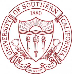 Seal of the University of Southern California featuring a shield with a sun and three torches, surrounded by the university's name and founding year 1880.