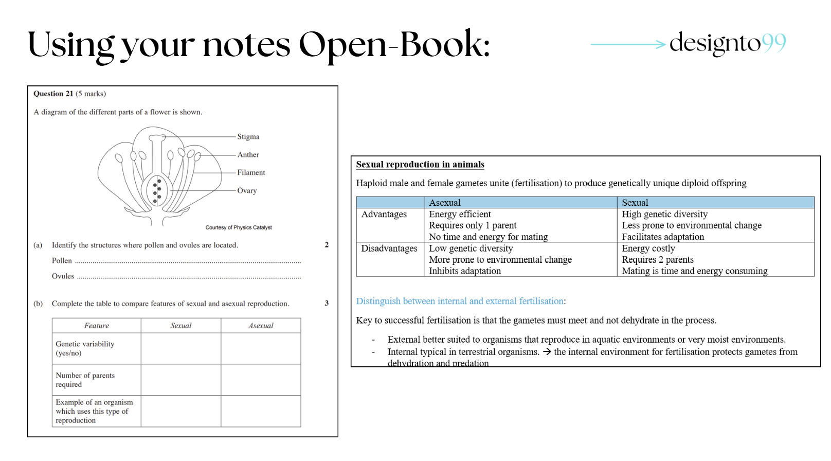 Page from an educational worksheet showing diagrams and explanations about plant reproductive parts and the differences between sexual and asexual reproduction.