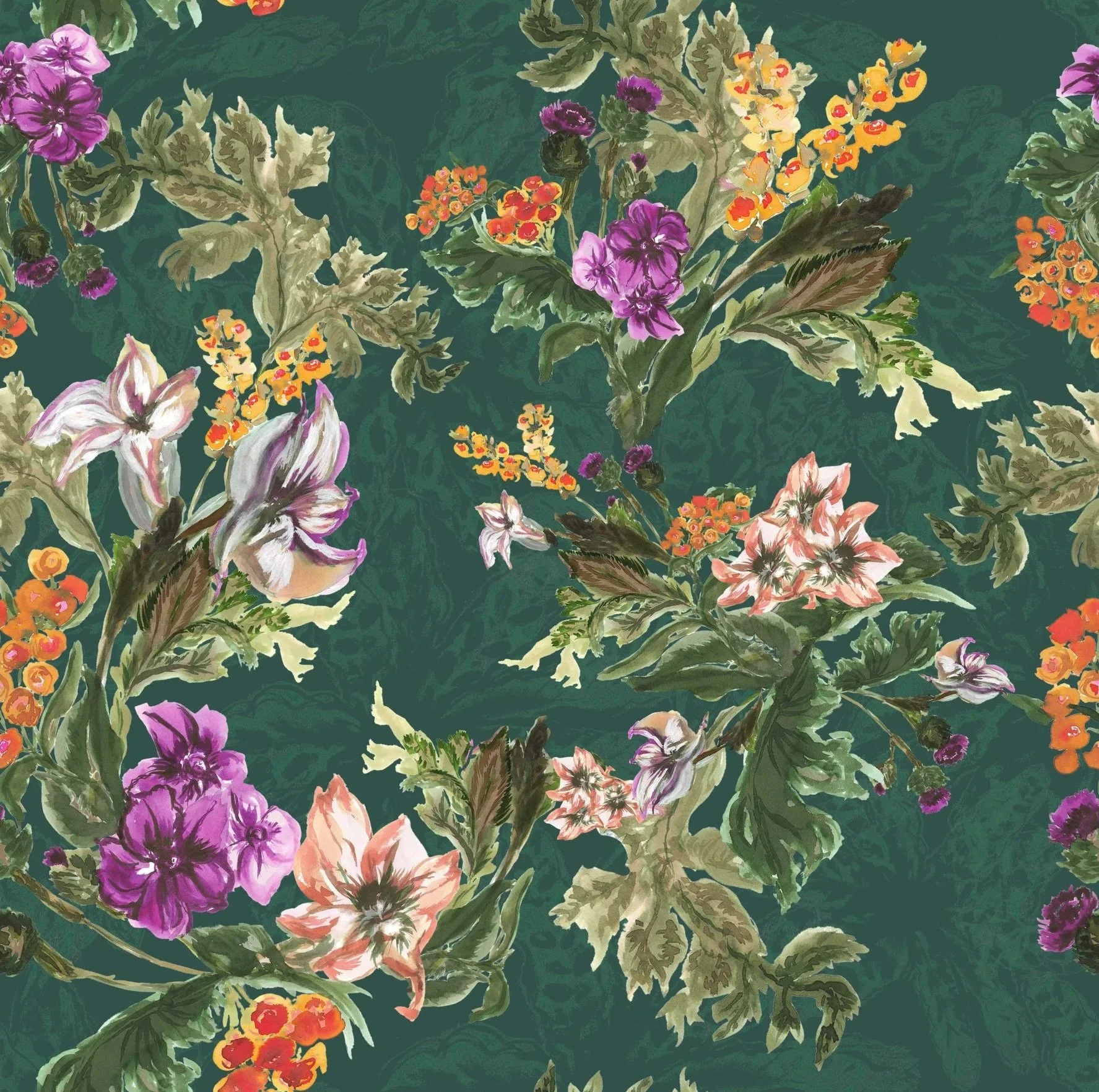 Watercolor Floral on Green with Orange and Purple