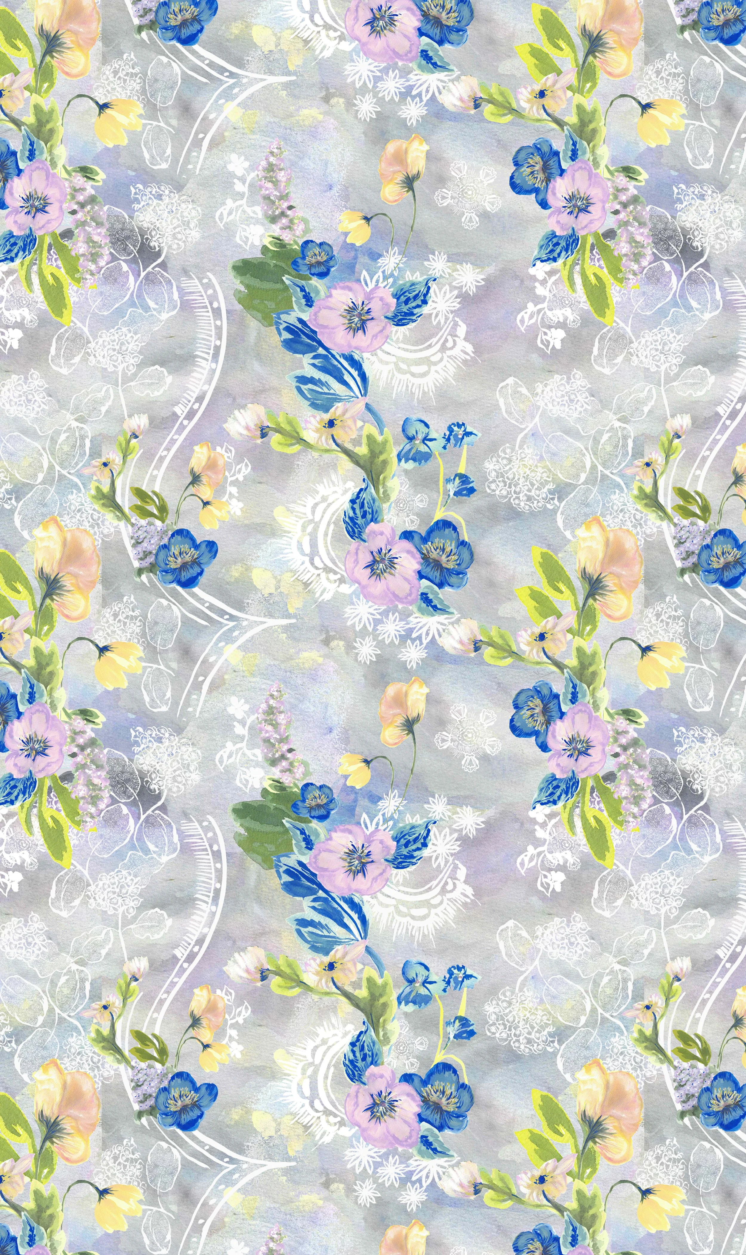 Pattern of gouache flowers in pink, purple, yellow, and blue with white decorative elements on a pastel watercolor background.