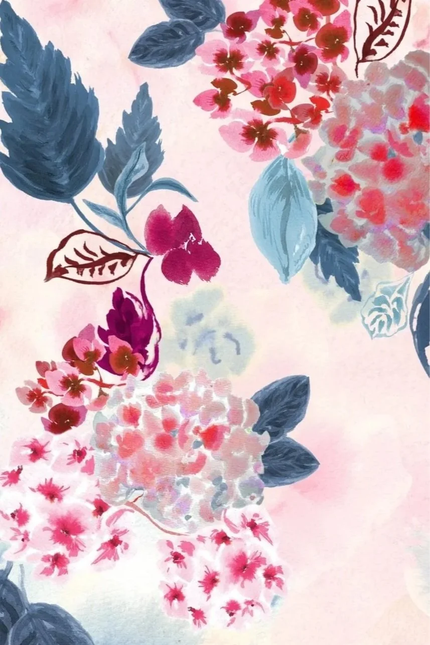 A watercolor floral painting featuring pink, red, and purple flowers with blue and gray leaves on a light background.