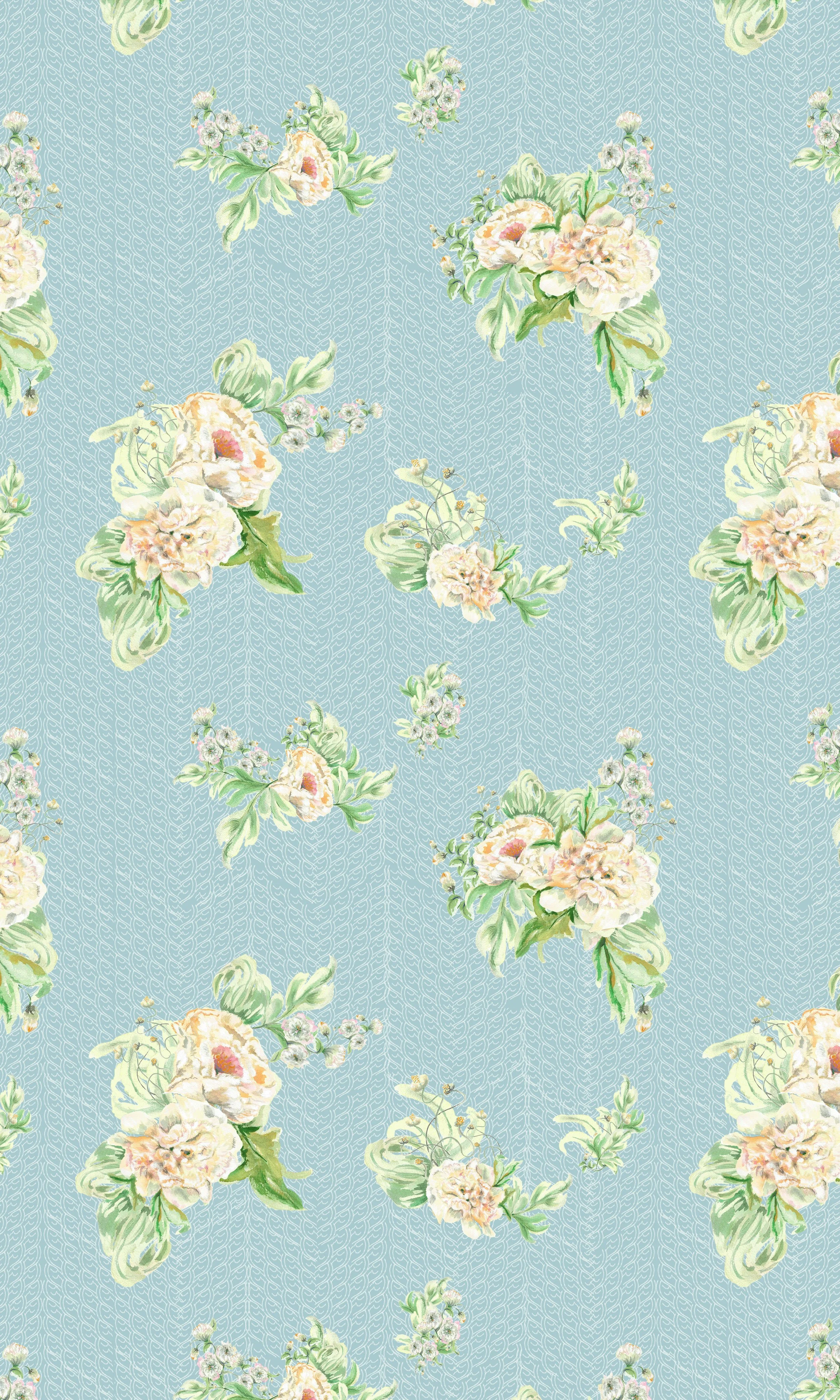 A pastel blue wallpaper with a floral pattern featuring large cream-colored peonies with pink centers, green leaves, and smaller white flowers with green centers, all arranged in a repeating pattern with a subtle white swirl background.