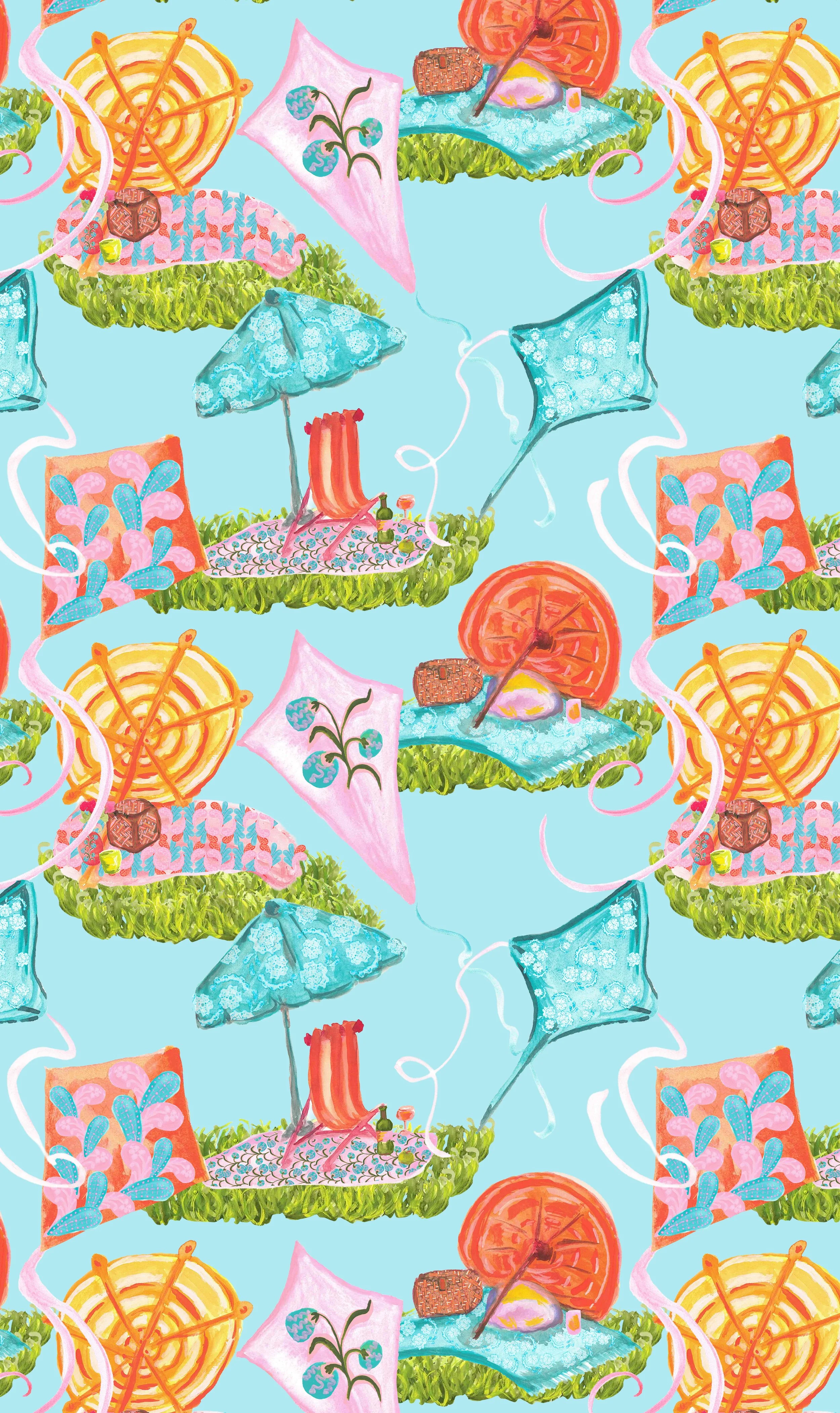 Seamless pattern of colorful summer picnic scenes with blankets, umbrellas, pillows, fruit, and snacks on a light blue background.