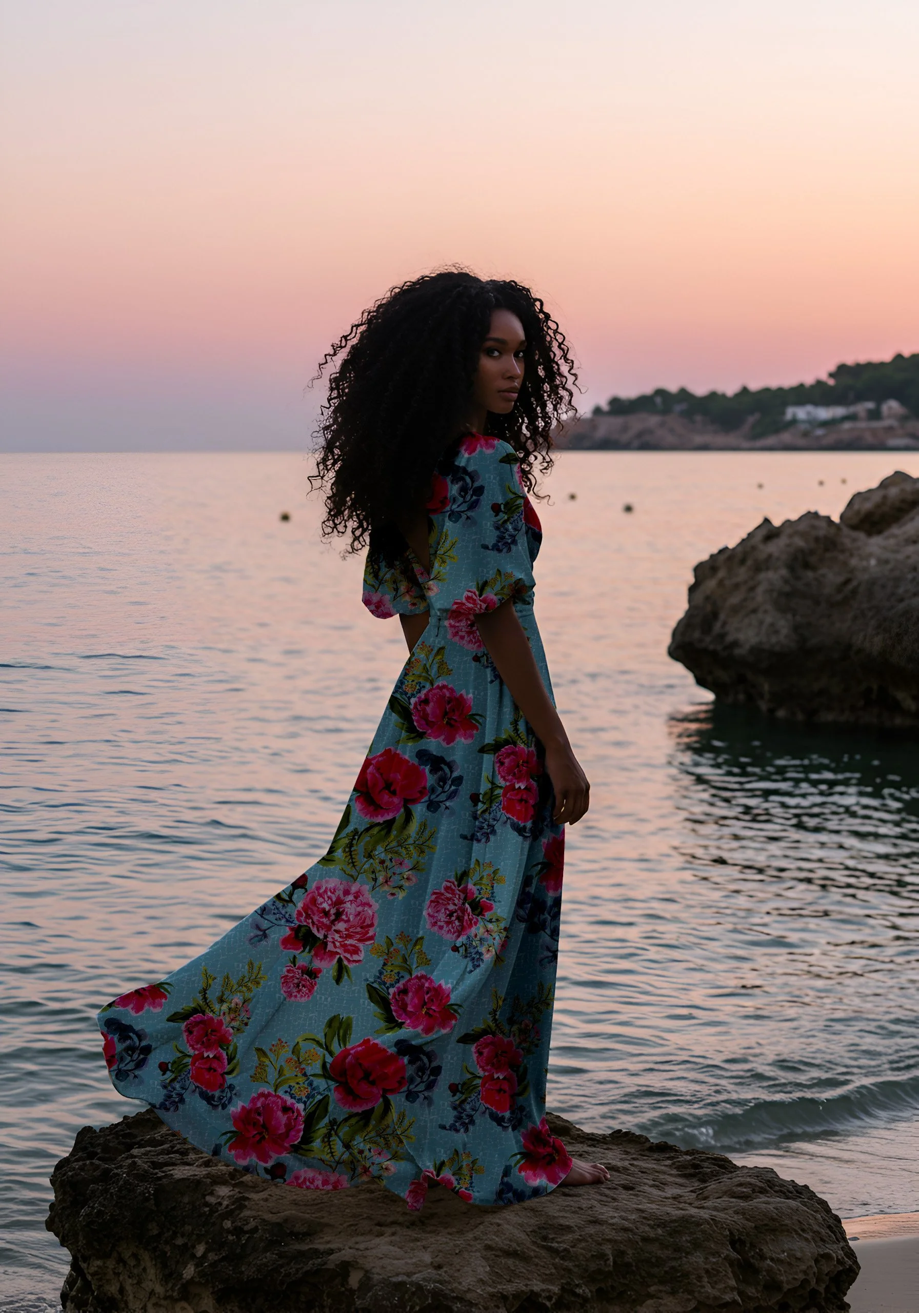 A woman with dark curly hair standing barefoot on a rocky shoreline during sunset, wearing a long floral dress with painted pink and red flowers on a pale blue background, with water and a distant landmass in the background.