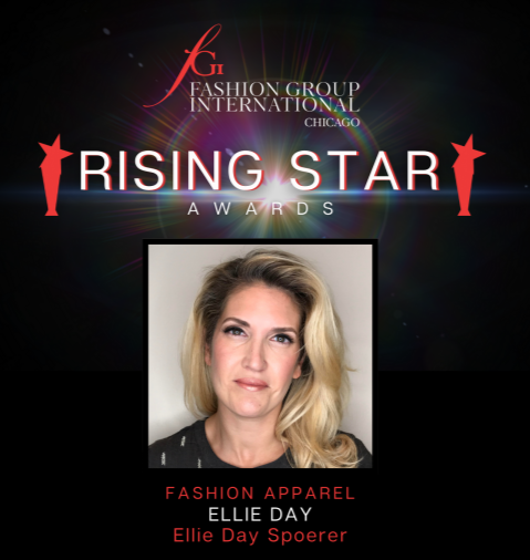 Poster for the G Fashion Group International Chicago Rising Star Awards featuring a woman with blonde hair and a black top, named Ellie Day, Ellle Day Spoerer.