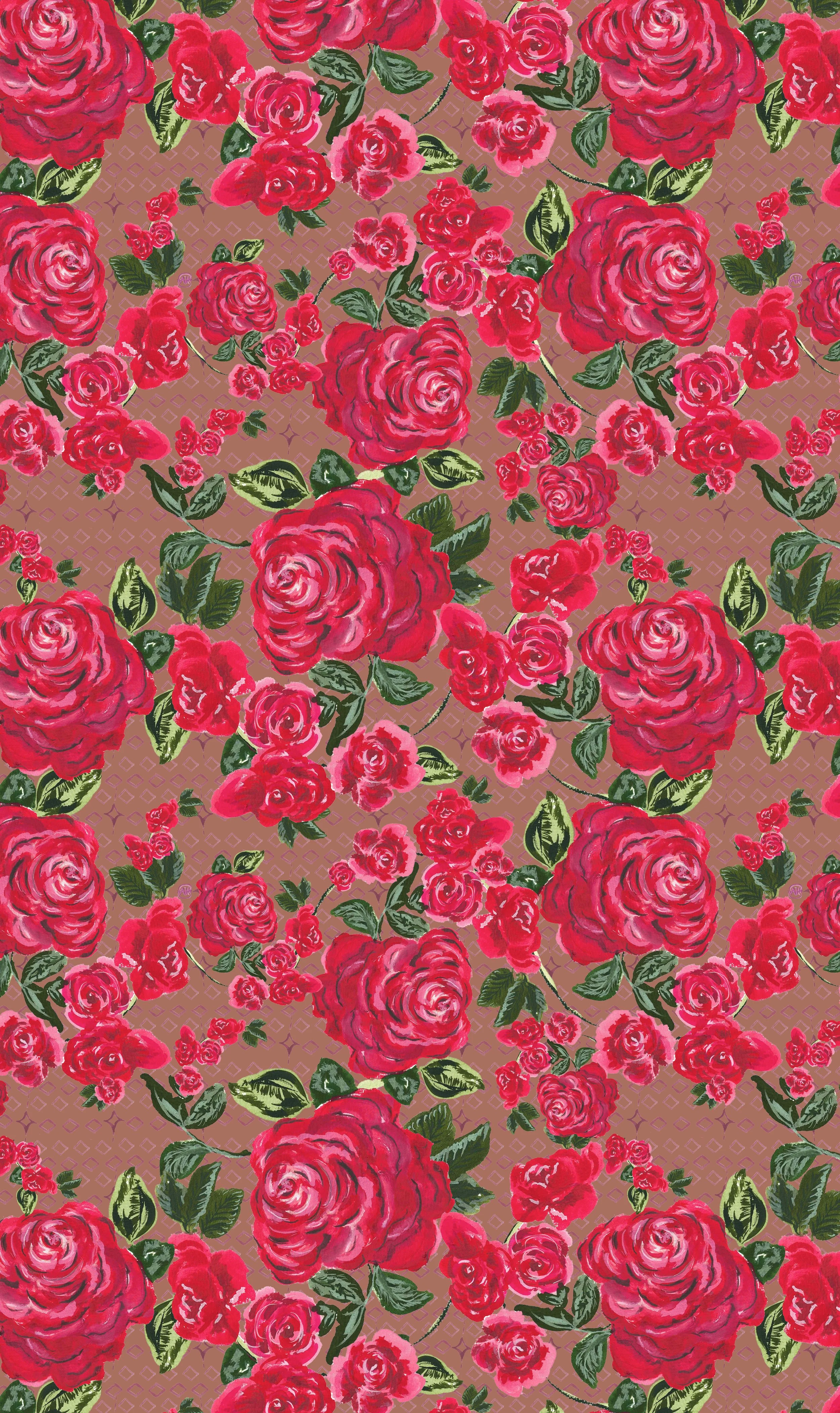 Pattern of red roses and green leaves on a brown background with a diamond grid design.