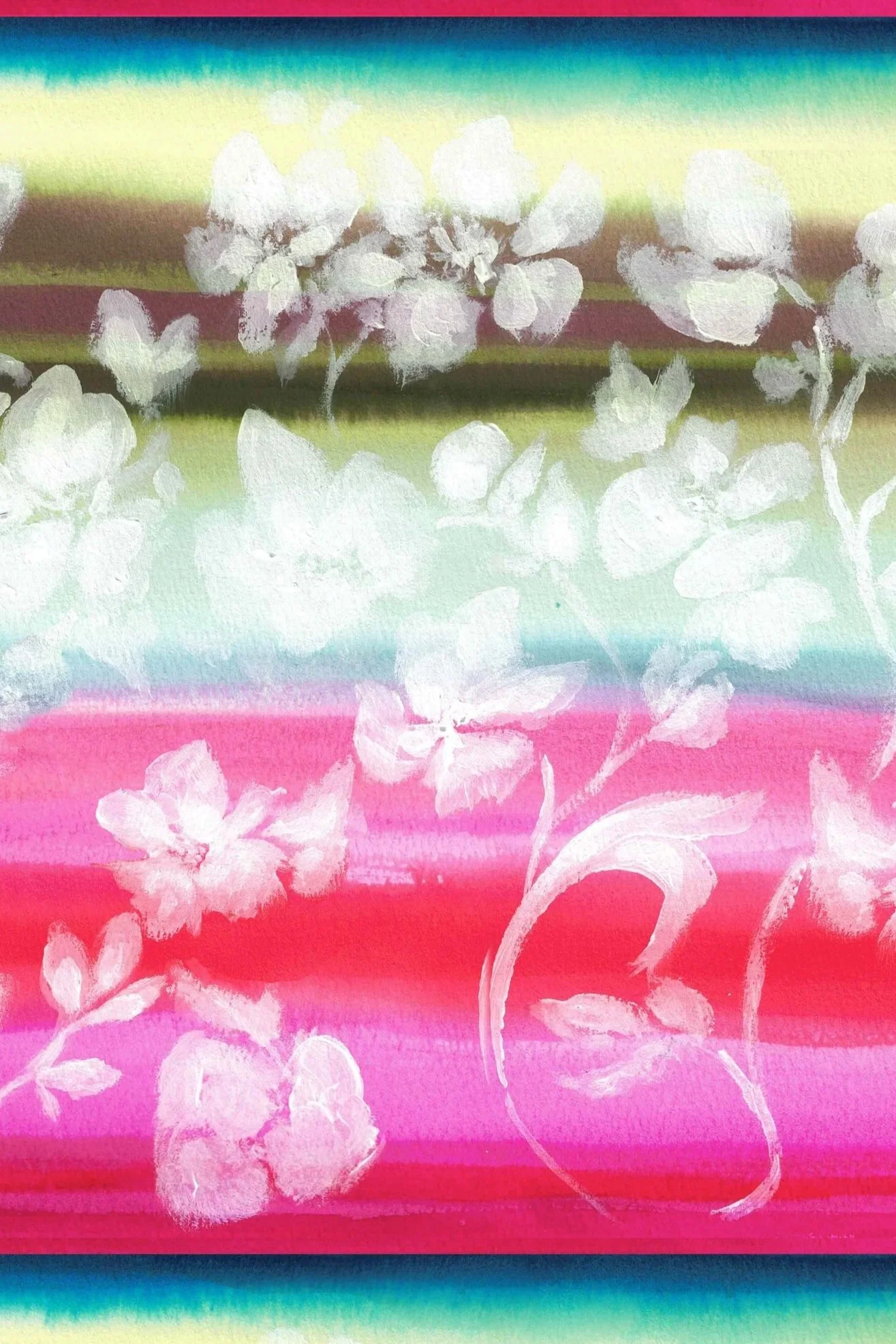 A colorful abstract painting with horizontal bands of vibrant colors including purple, yellow, green, blue, and red, overlaid with white floral silhouettes.