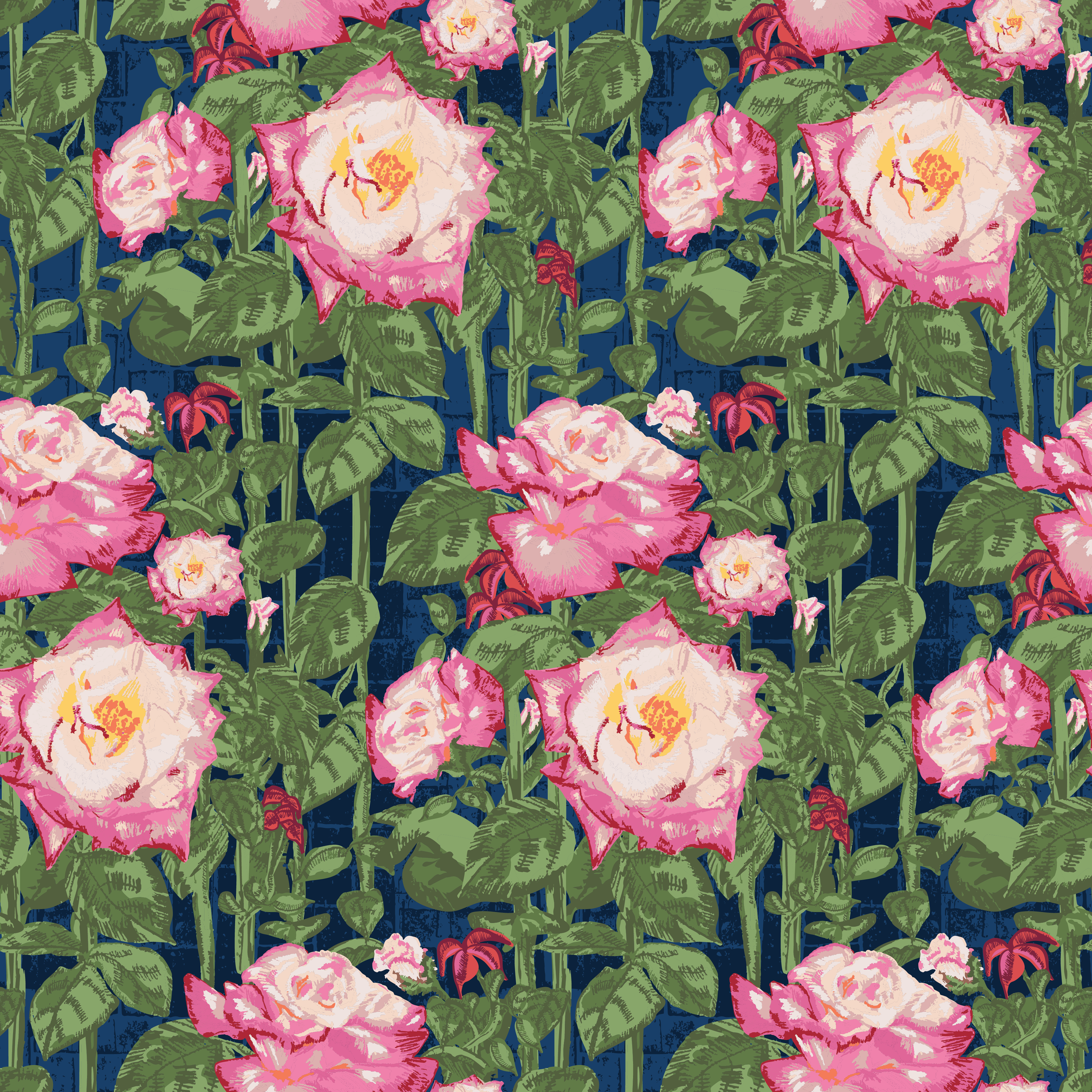 Pattern of pink and white roses with green leaves on a dark blue background.