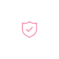 A pink outline of a shield with a checkmark inside centred.