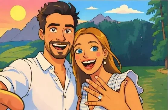 Smiling cartoon couple taking a selfie outdoors; the woman shows an engagement ring with a lake and trees in the background.
