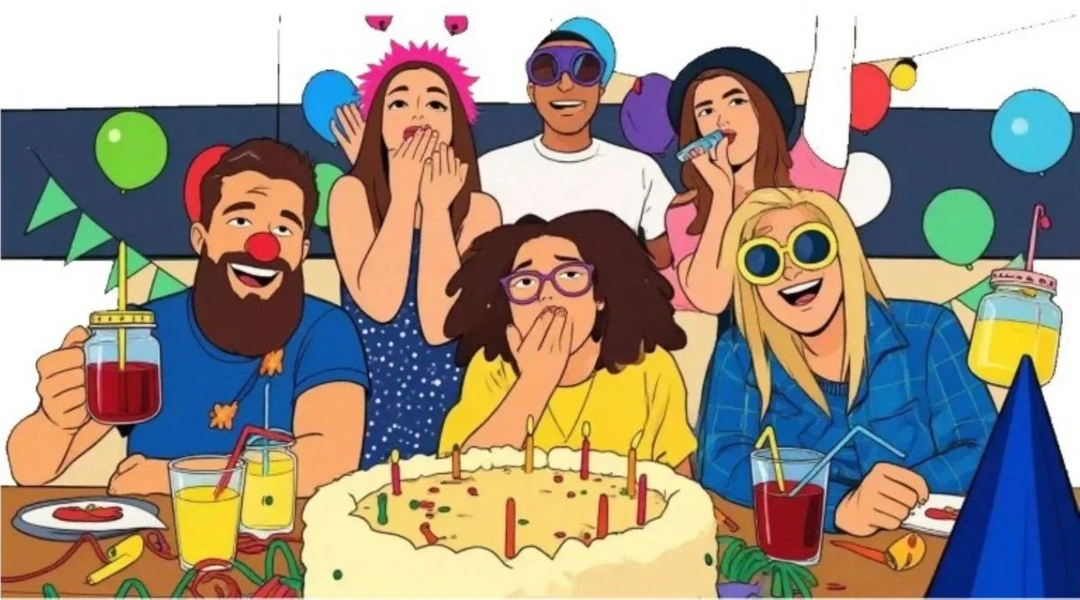 Cartoon illustration of a group of friends celebrating a birthday party with cake, candles, and colourful balloons