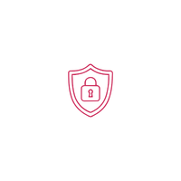 A pink outline of a shield with a padlock inside, symbolizing security, on a plain white background.
