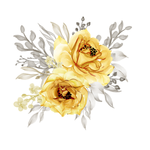 Two yellow roses with green leaves and small white flowers, illustrated on a light background.