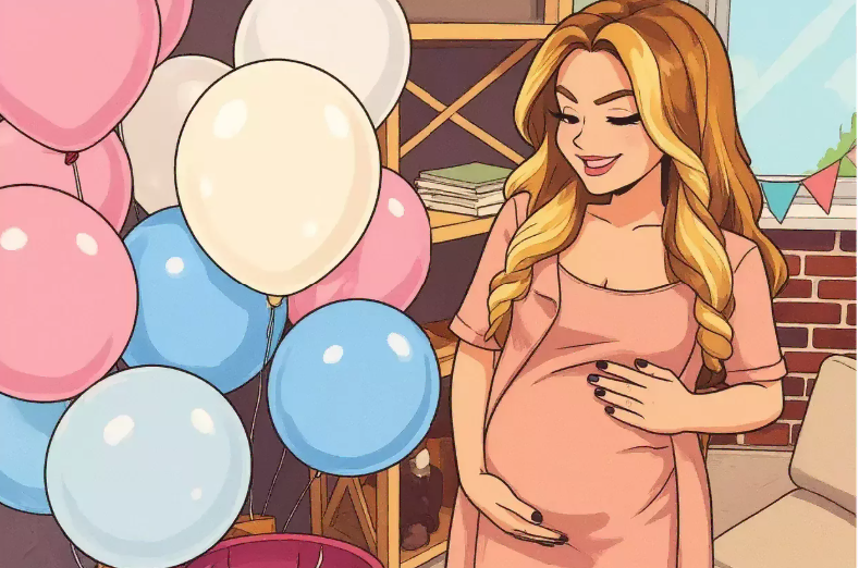 Cartoon illustration of pregnant woman at baby shower with pastel balloons, created from a real photo for a personalised video gift
