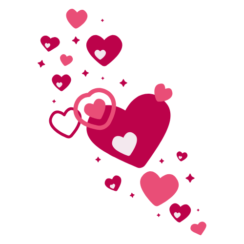 Pink and red hearts of various sizes with small sparkles scattered diagonally on a white background.