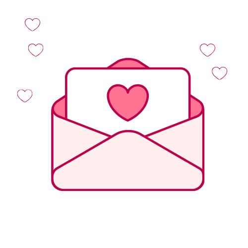 An open envelope with a card showing a heart, surrounded by small heart icons on a white background.