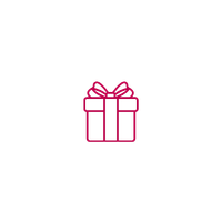 Simple pink outline of a gift box with a ribbon and bow on a white background.