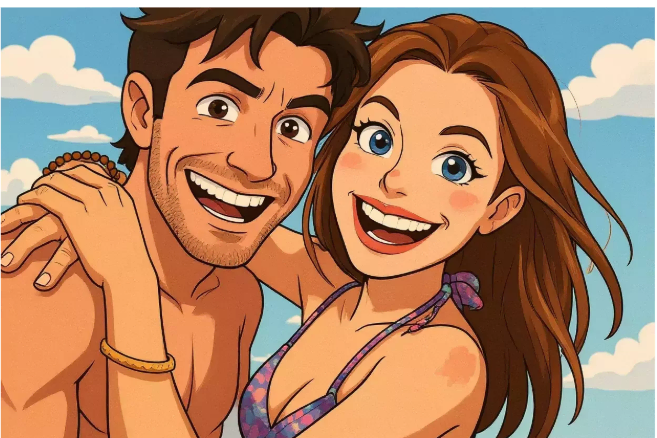 Smiling couple hugging on a beach in a cartoon-style illustration, created as a personalised romantic video gift by Nurture Toons