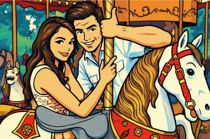 Romantic cartoon couple riding a carousel horse together, smiling at the camera in an outdoor amusement park setting, symbolising love, shared memories, and meaningful relationship moments for a personalised Nurture Toons E-Hug video gift.