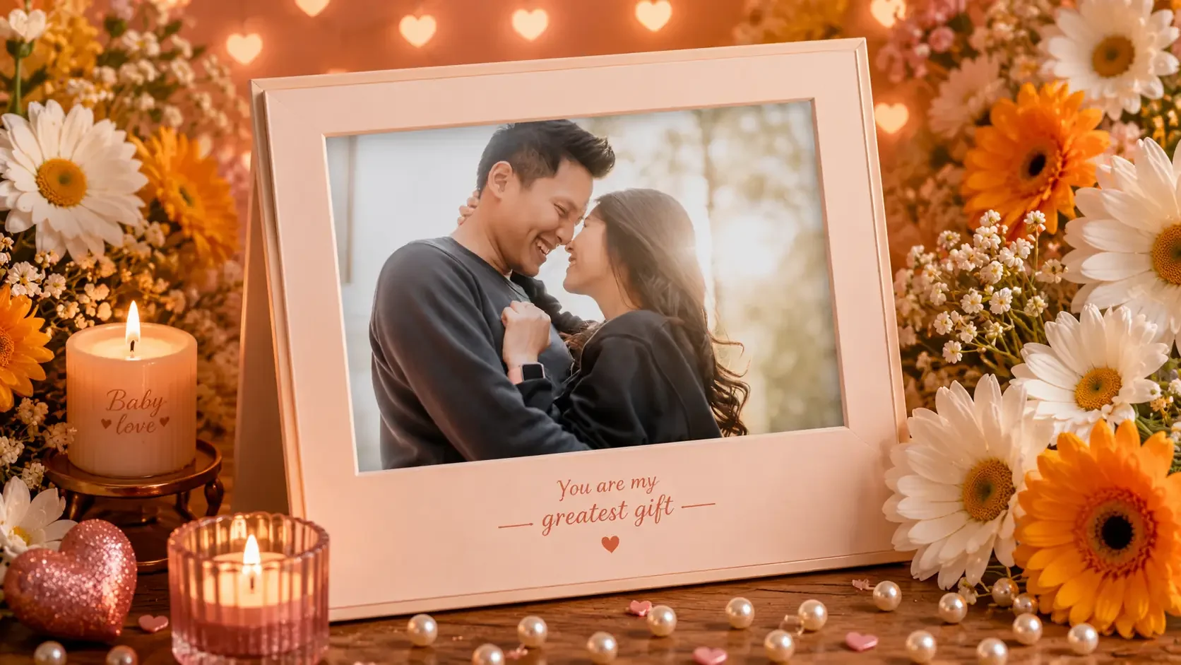 A couple embraces in a framed photo surrounded by flowers, candles, pearls, and heart-shaped lights.