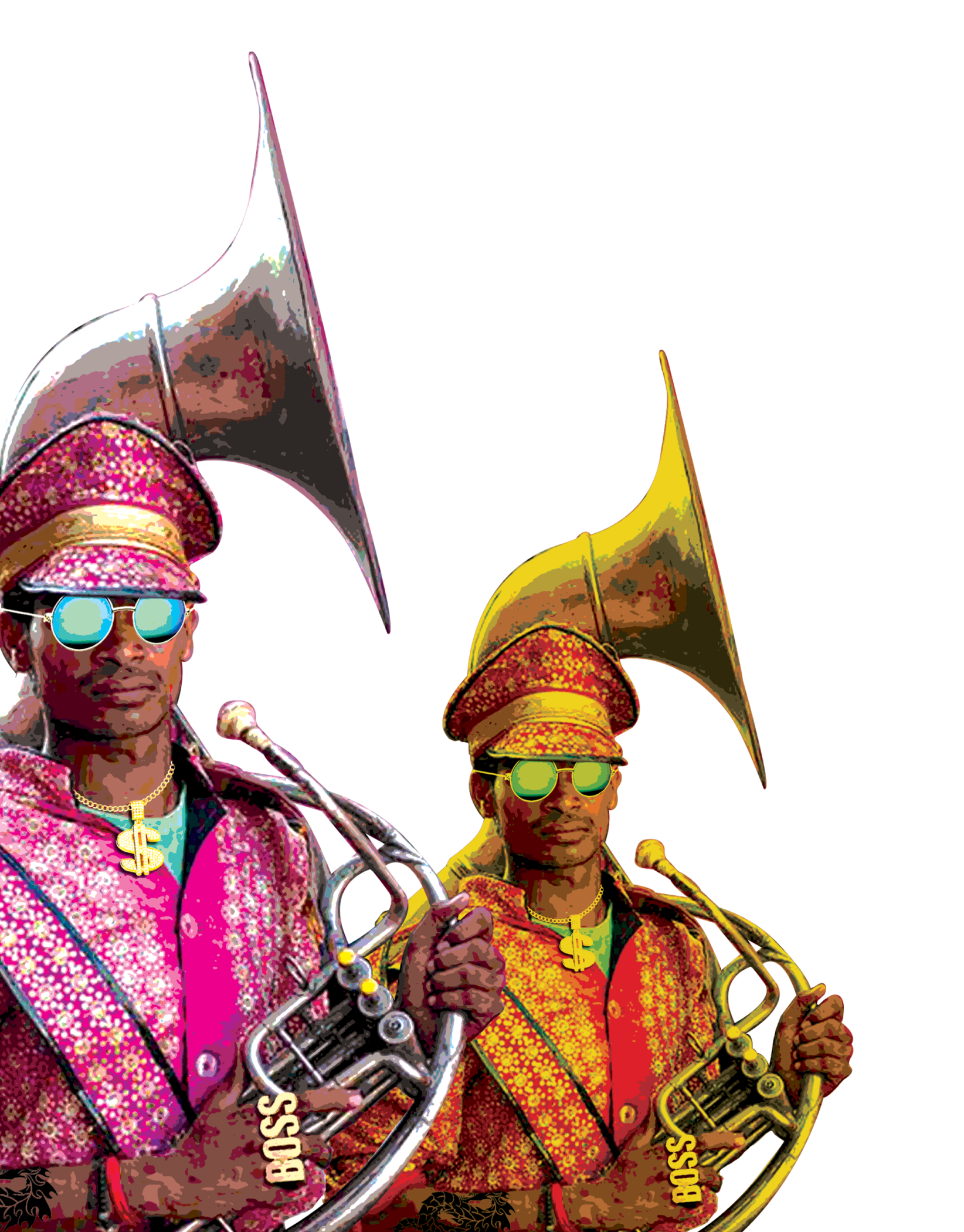 Iconic image of the rap duo musical group with two men dressed in vibrant patterned clothing, wearing matching hats and sunglasses, holding brass instruments, with a bold purple background.