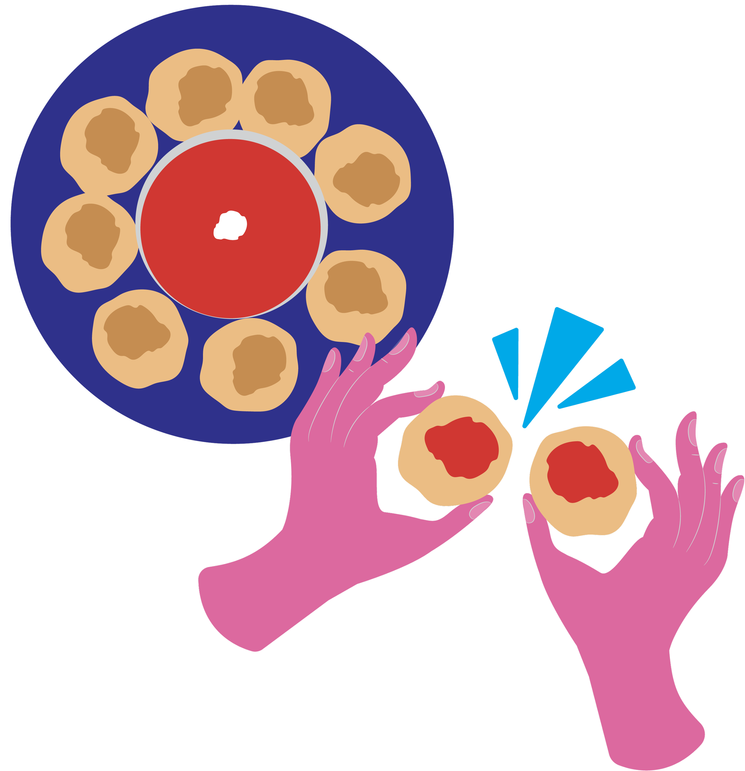 Illustration of hands picking up potato balls from a serving dish and placing them on a plate with a red dipping sauce in the center.