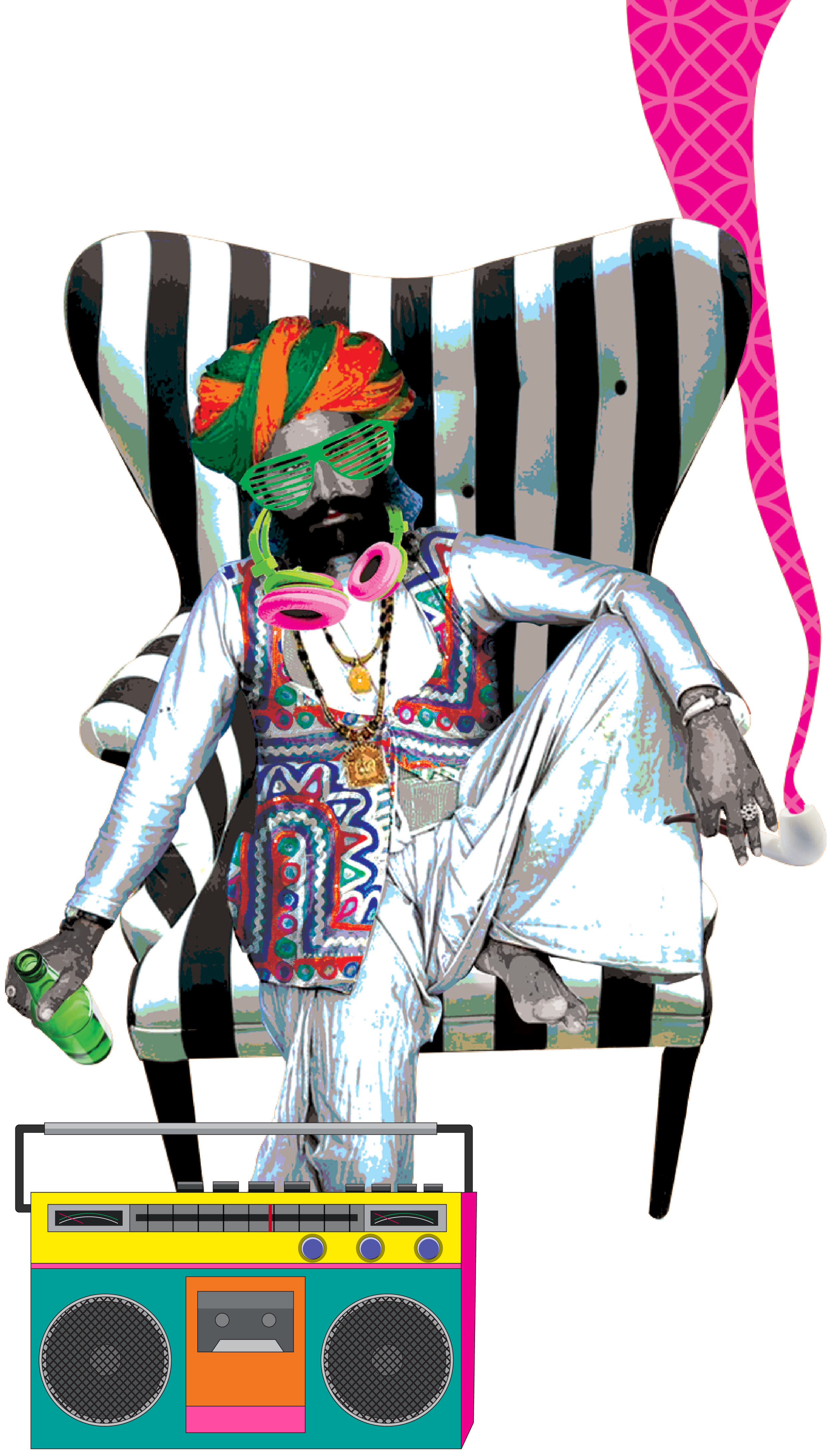 A stylized digital illustration of a man dressed in colorful, traditional Indian clothing with a turban, sunglasses, and headphones, sitting casually on a large striped armchair with a drink in hand and a retro boombox in front.