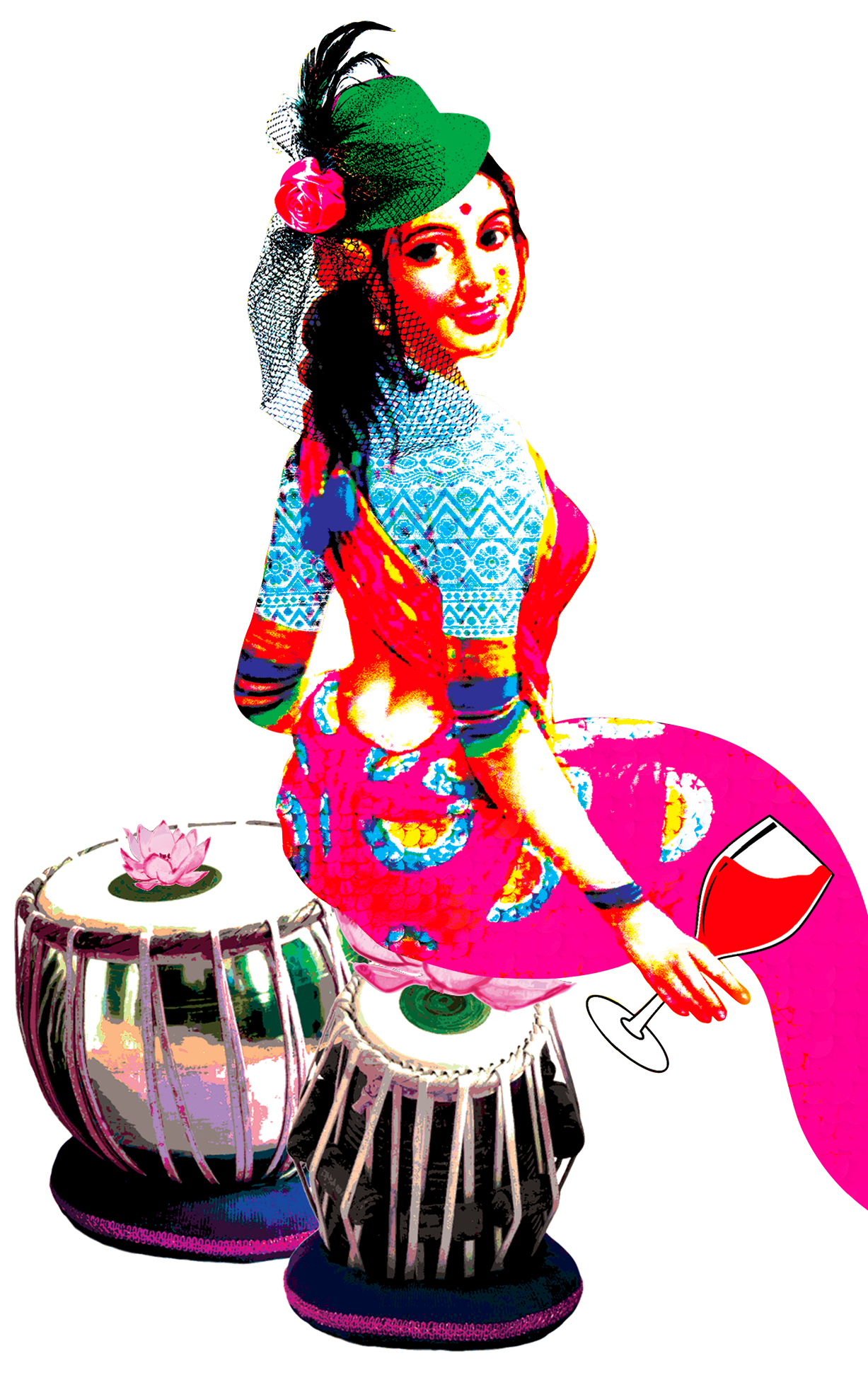 A woman dressed in colorful traditional Asian attire, seated on a pink cushion, with musical instruments around her, holding a glass of red wine.