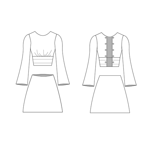 Fashion sketch by Sarah Skelly for Dreamscape collection design The left outfit has a long-sleeve top with a gathered waistband and a high-waist skirt. The right outfit features a long-sleeve jacket with buttons and a matching high-waist skirt.