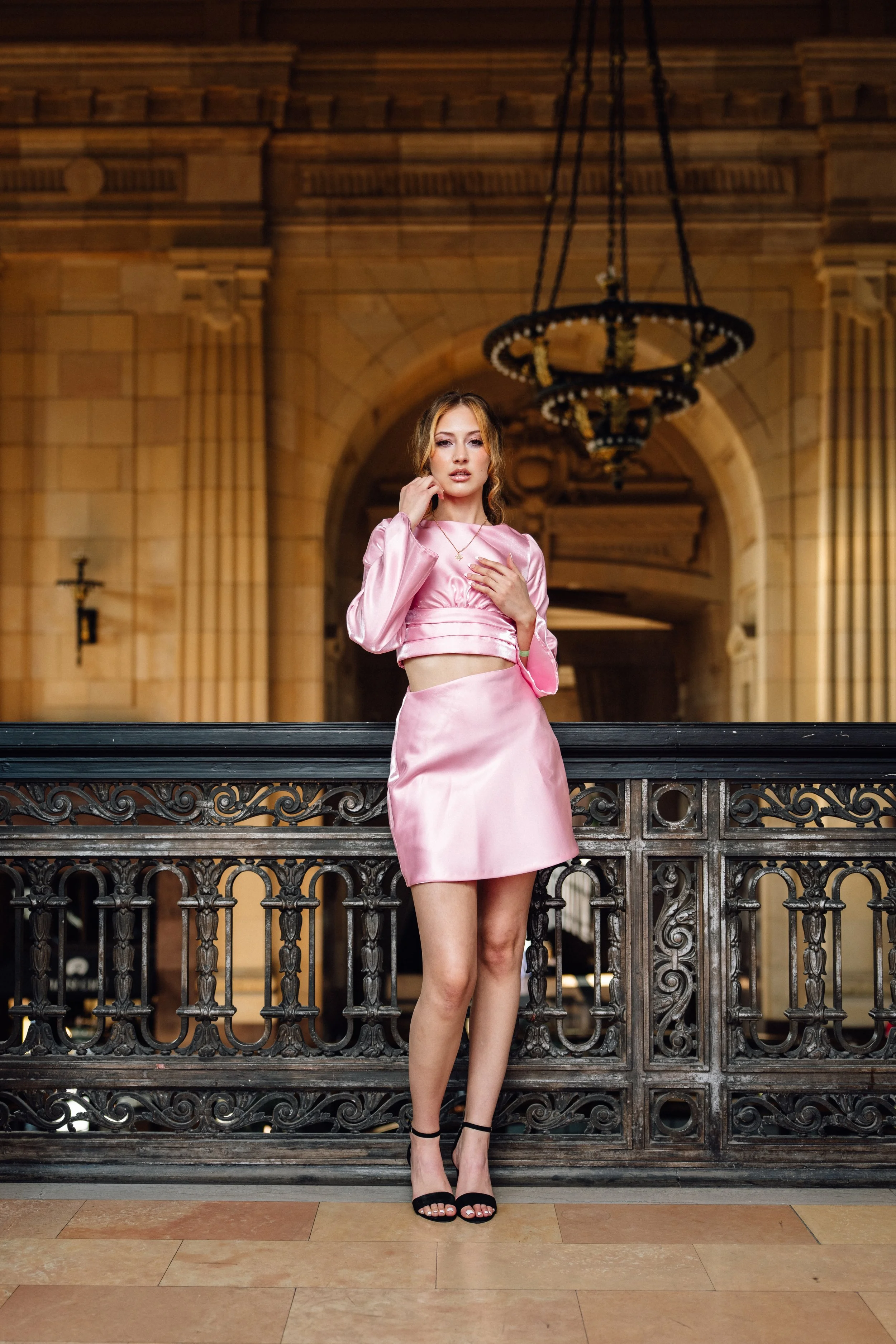 Model wearing Sarah Skelly Dreamscape outfit in studio lookbook photo