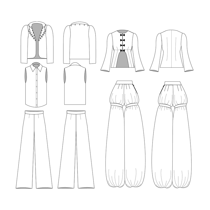 Fashion sketch by Sarah Skelly for Dreamscape collection design Line drawings of various women's clothing, including skirts, pants, blouses, and jackets.
