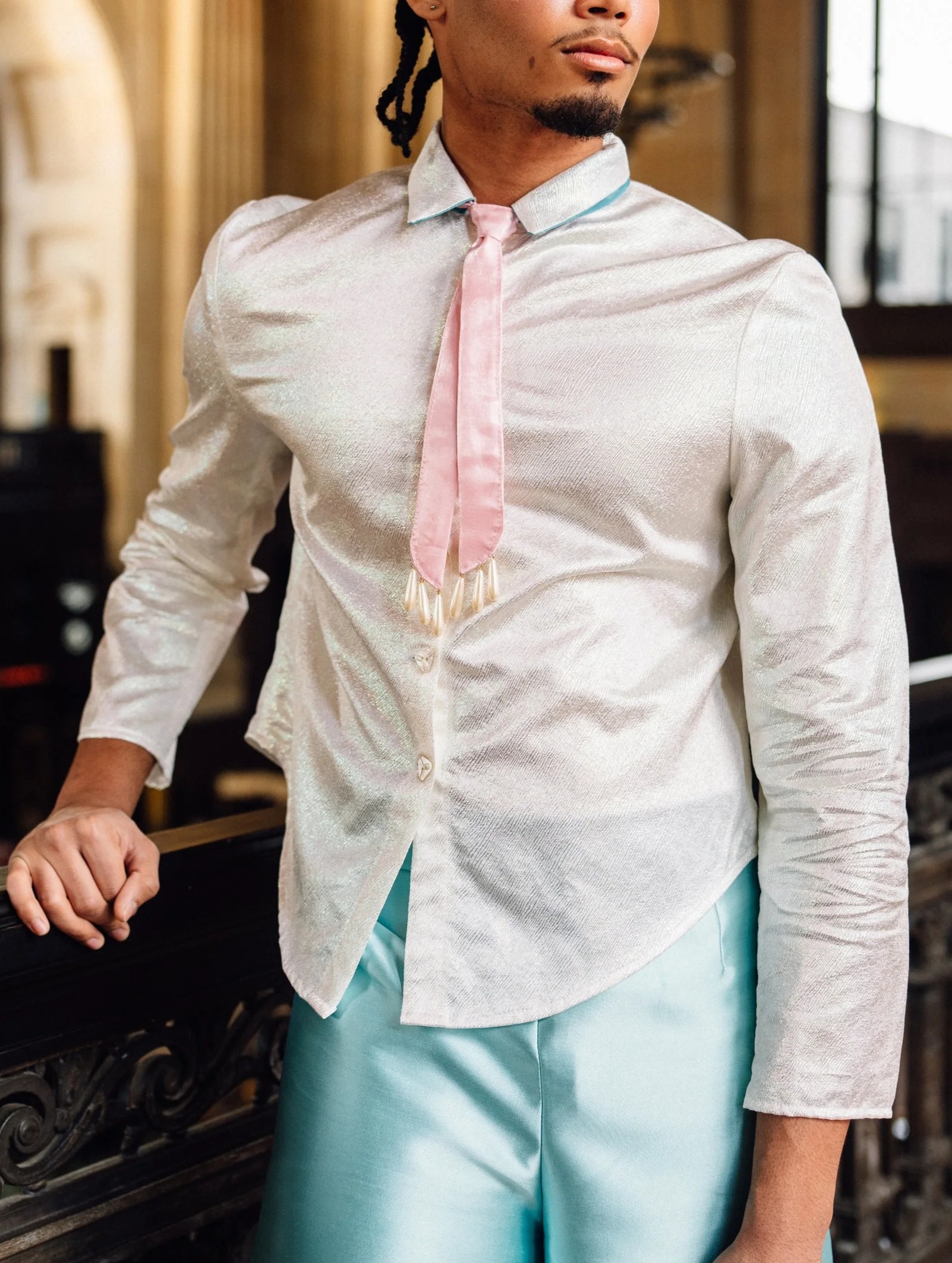 Close up of Dreamscape outfit showing neckline construction and materials