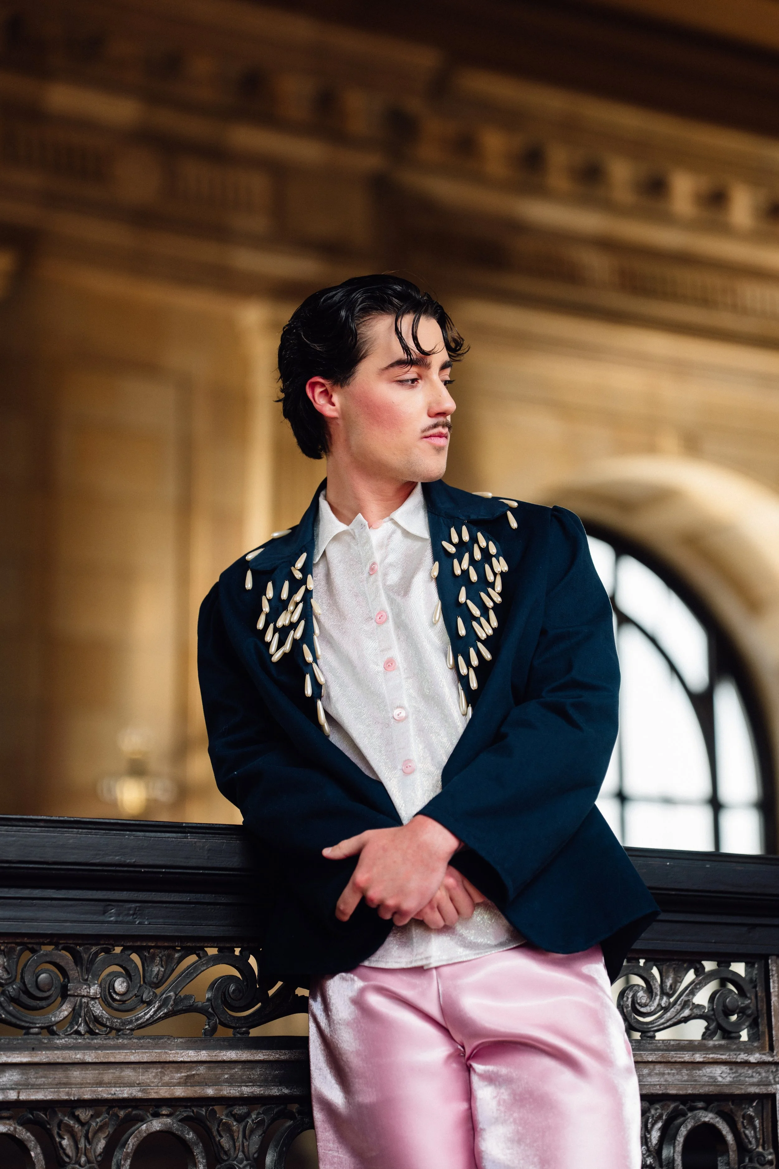 Model wearing Sarah Skelly Dreamscape outfit in studio lookbook photo