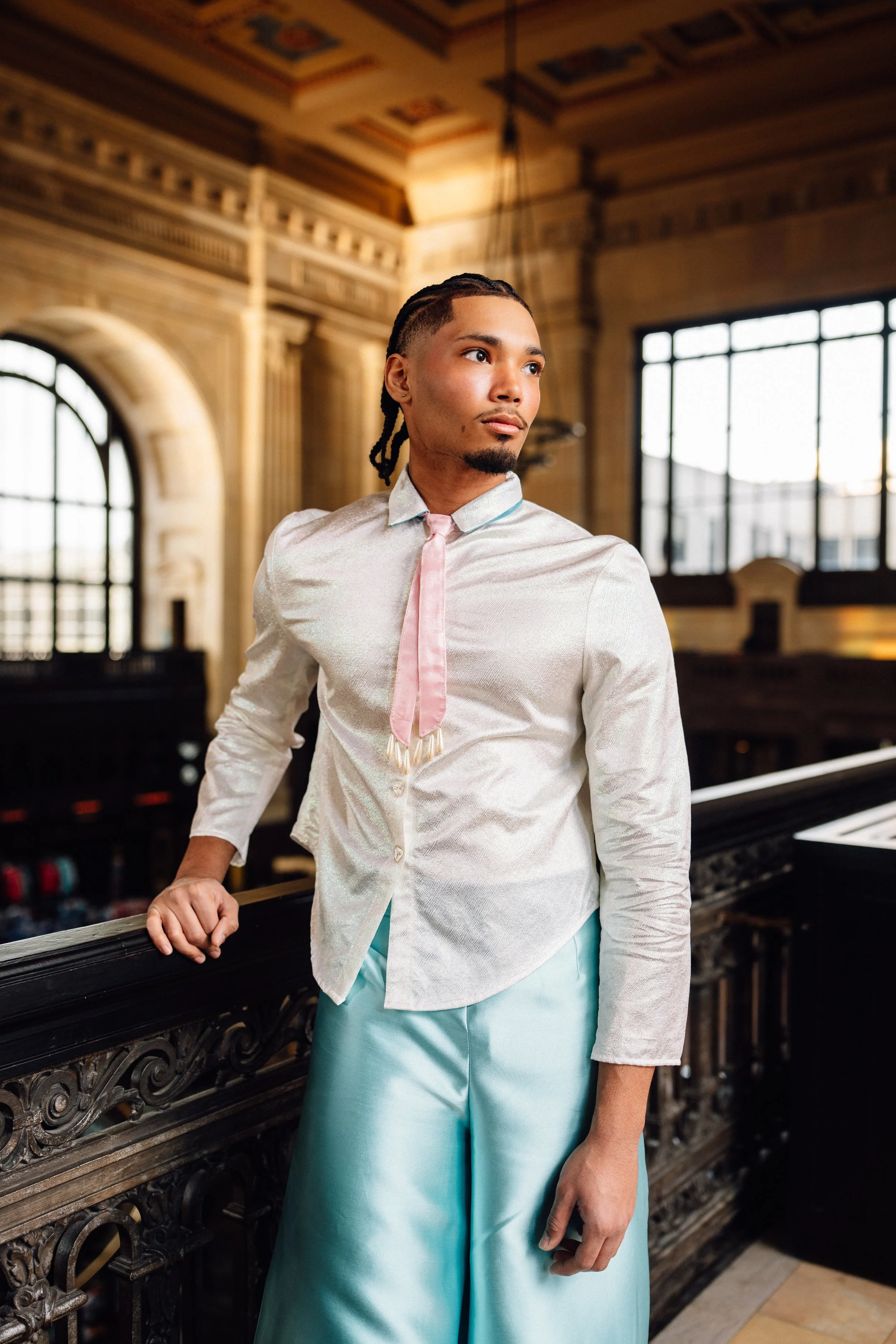 Model wearing Sarah Skelly Dreamscape outfit in studio lookbook photo