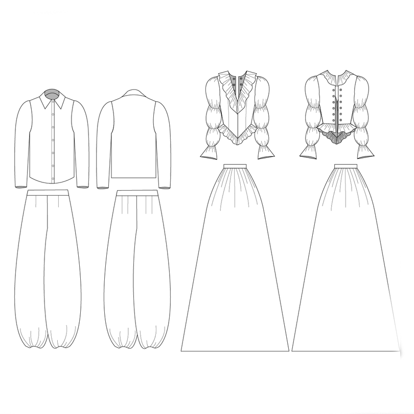 Fashion sketch by Sarah Skelly for Dreamscape collection design Technical fashion sewing pattern with outlines for a shirt, pants, and two blouses with ruffles and puffed sleeves, including two full-length skirts.