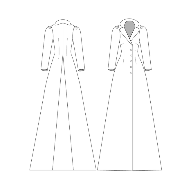 Fashion sketch by Sarah Skelly for Dreamscape collection design Line drawings of a long coat from the front and back views.
