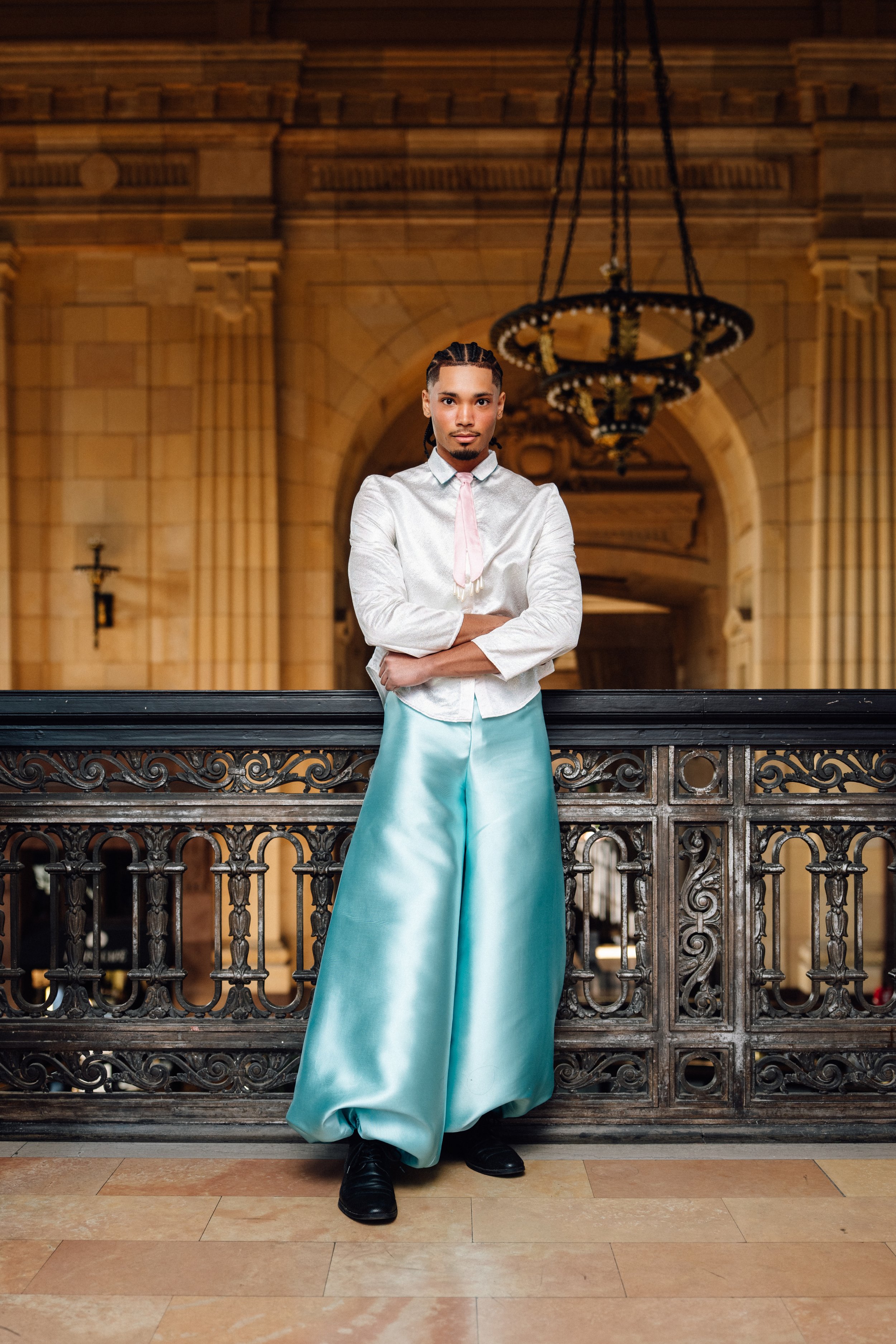 Model wearing Sarah Skelly Dreamscape outfit in studio lookbook photo