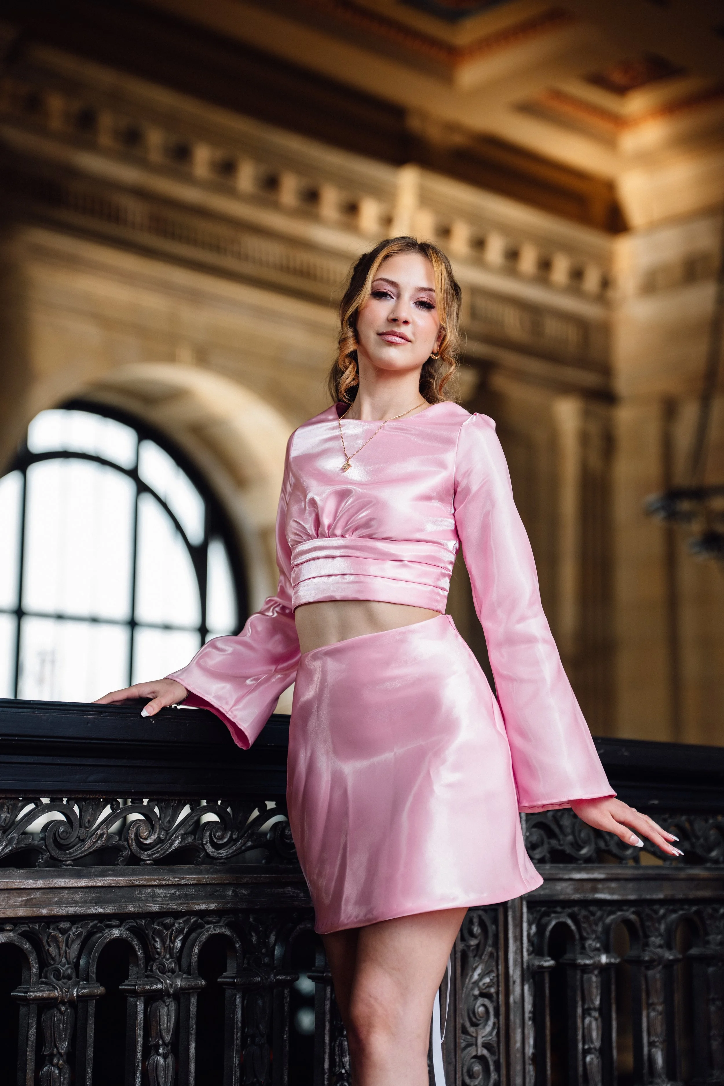 Model wearing Sarah Skelly Dreamscape outfit in studio lookbook photo