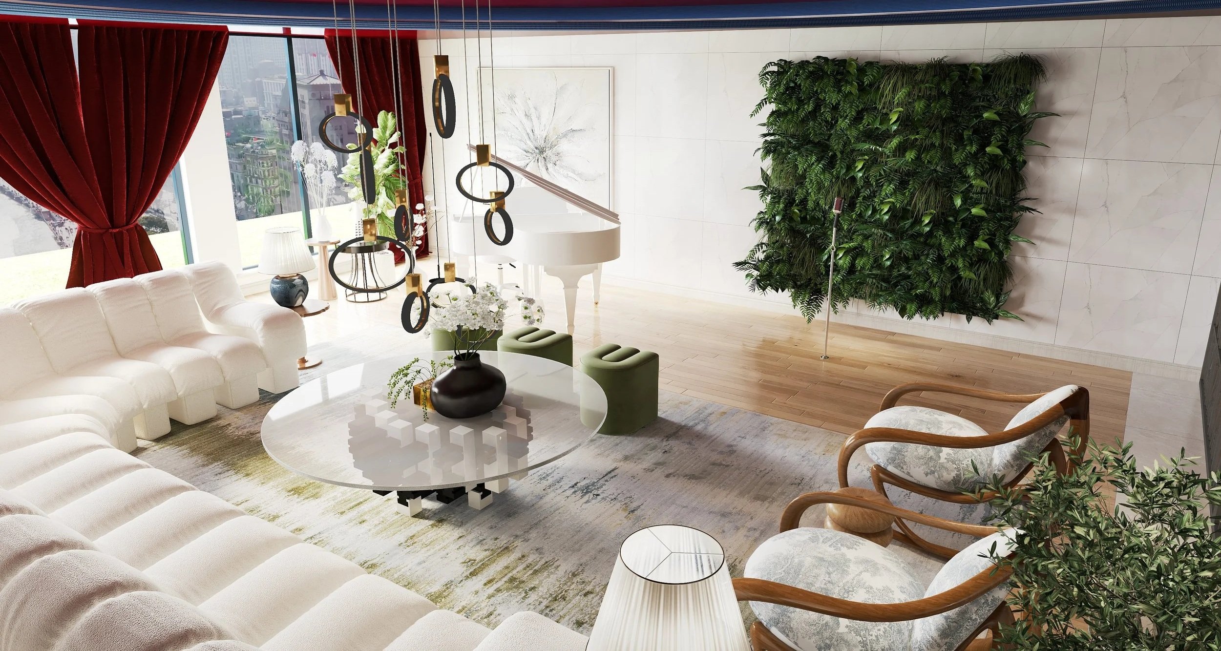 Modern living room with white sectional sofa, circular glass coffee table with black and white vase, two wooden armchairs with floral cushions, green ottomans, large windows with red curtains, white grand piano, green wall plant, large artwork, and d