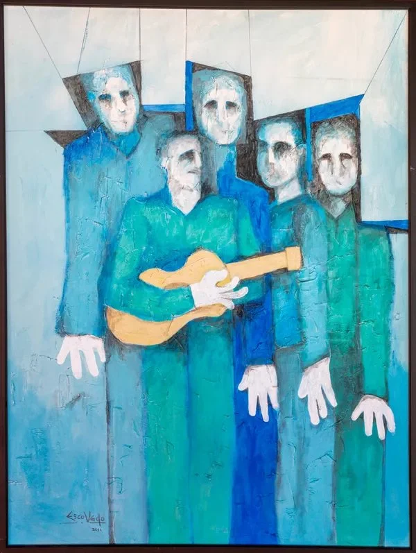 Painting of five men in blue suits, with three wearing glasses, holding a guitar in a stylized, abstract style with a blue and white background.