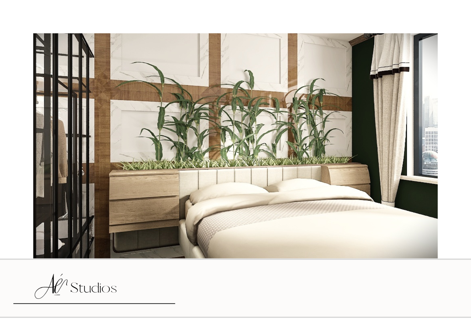 Modern bedroom with a bed, green plants on headboard, and window with curtains