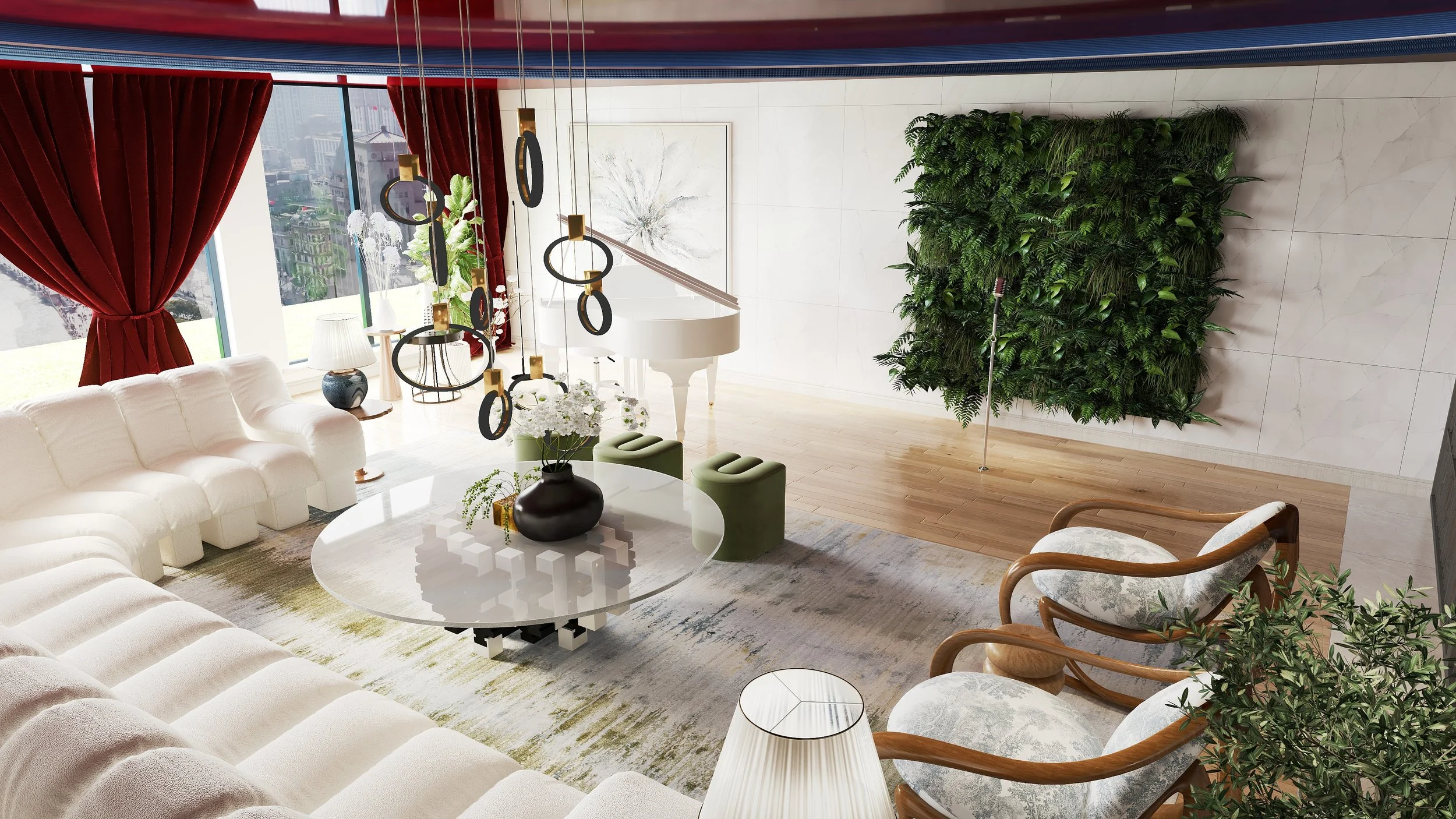 A spacious living room with large windows and red curtains, white sectional sofa, a round coffee table with decorative items, a white grand piano, a green wall of plants, modern hanging light fixtures, and a chair with wooden arms and patterned uphol