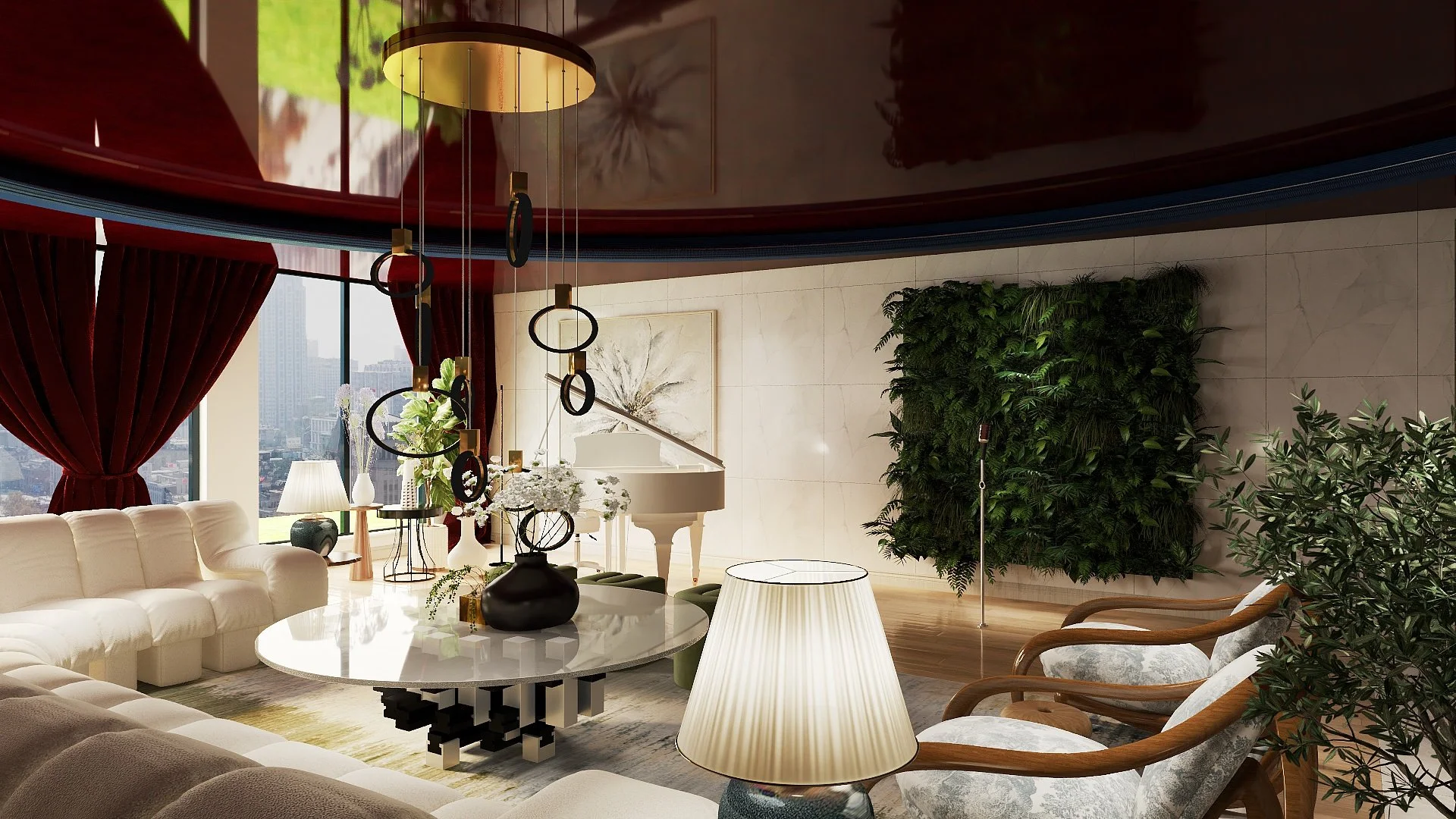 Luxurious living room with white sofa, armchair, large window, red curtains, white grand piano, modern chandelier, green wall decor, and city view