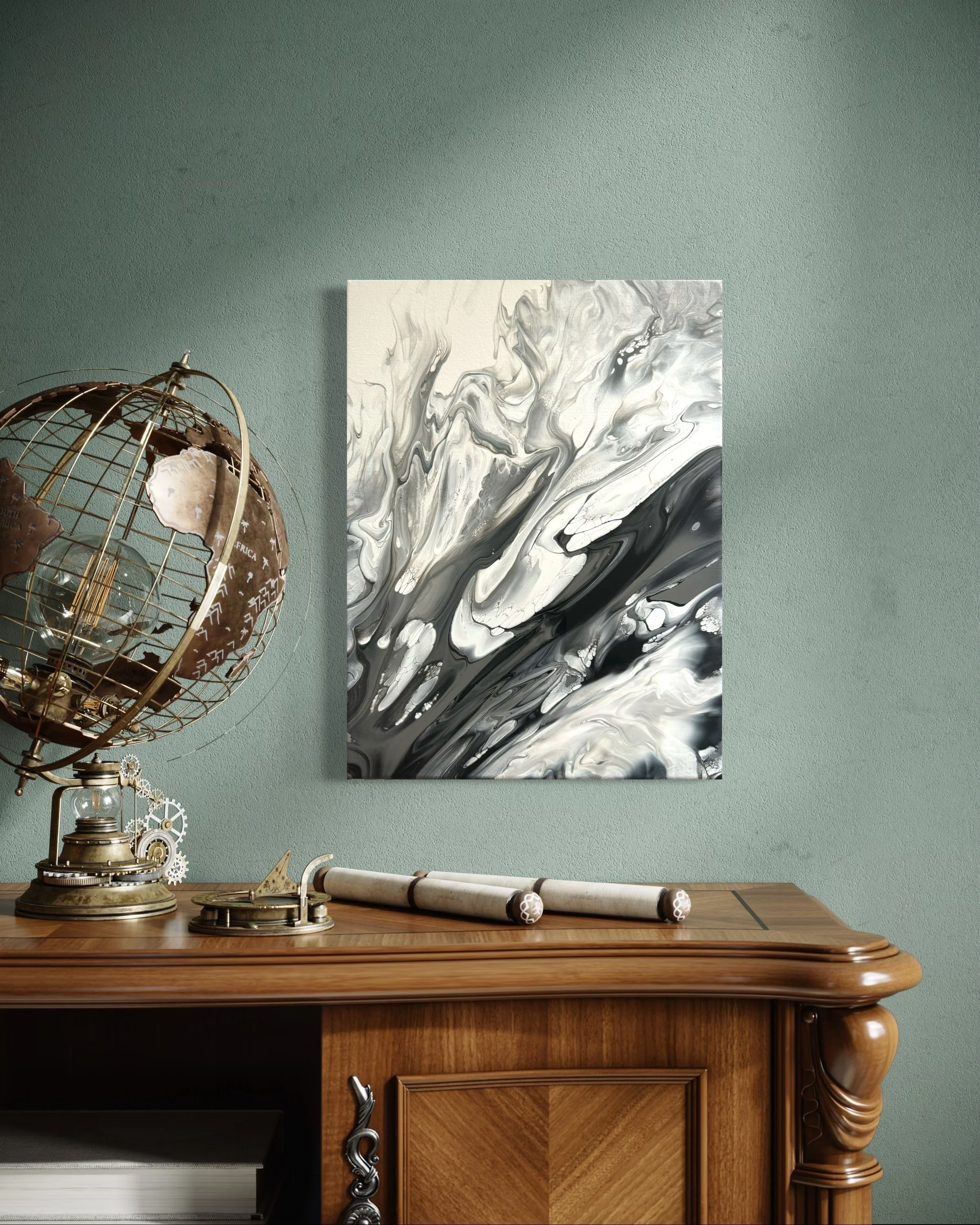 Decorative globe, abstract black and white marbled painting on a green wall, and vintage wooden desk with rolled-up blueprints.