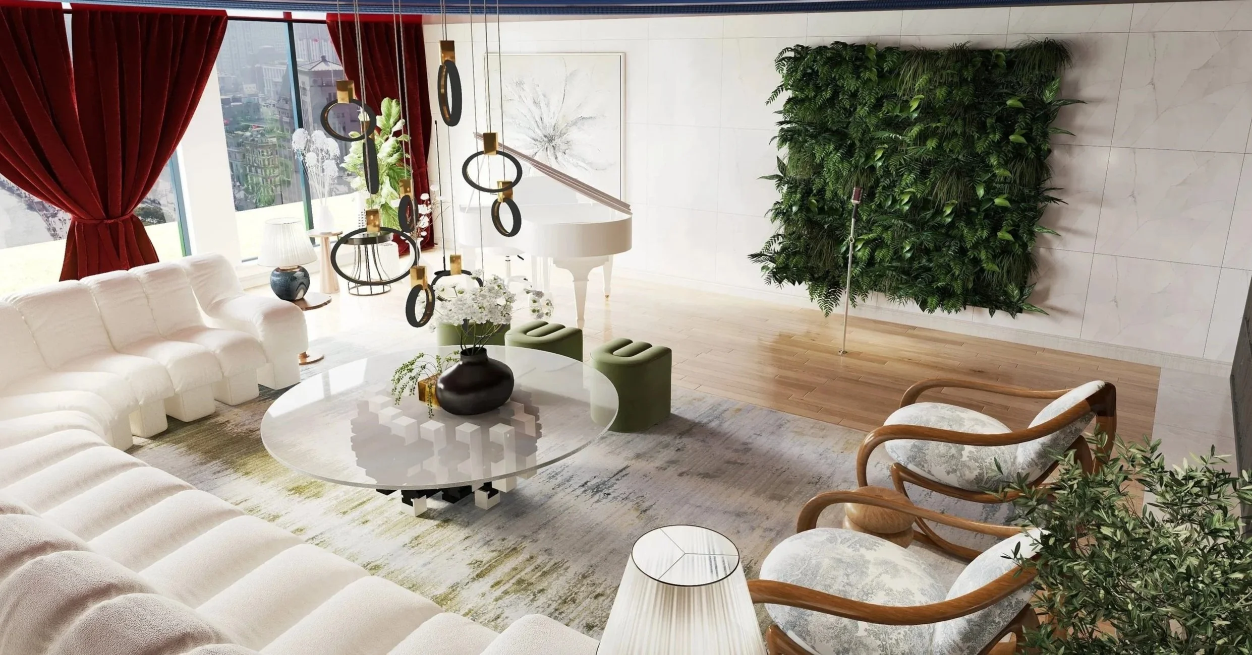 Modern living room with white sectional sofa, glass coffee table, and green stools. Features a vertical garden on the wall, chandelier, and grand piano. Large windows with red curtains showing cityscape outside.