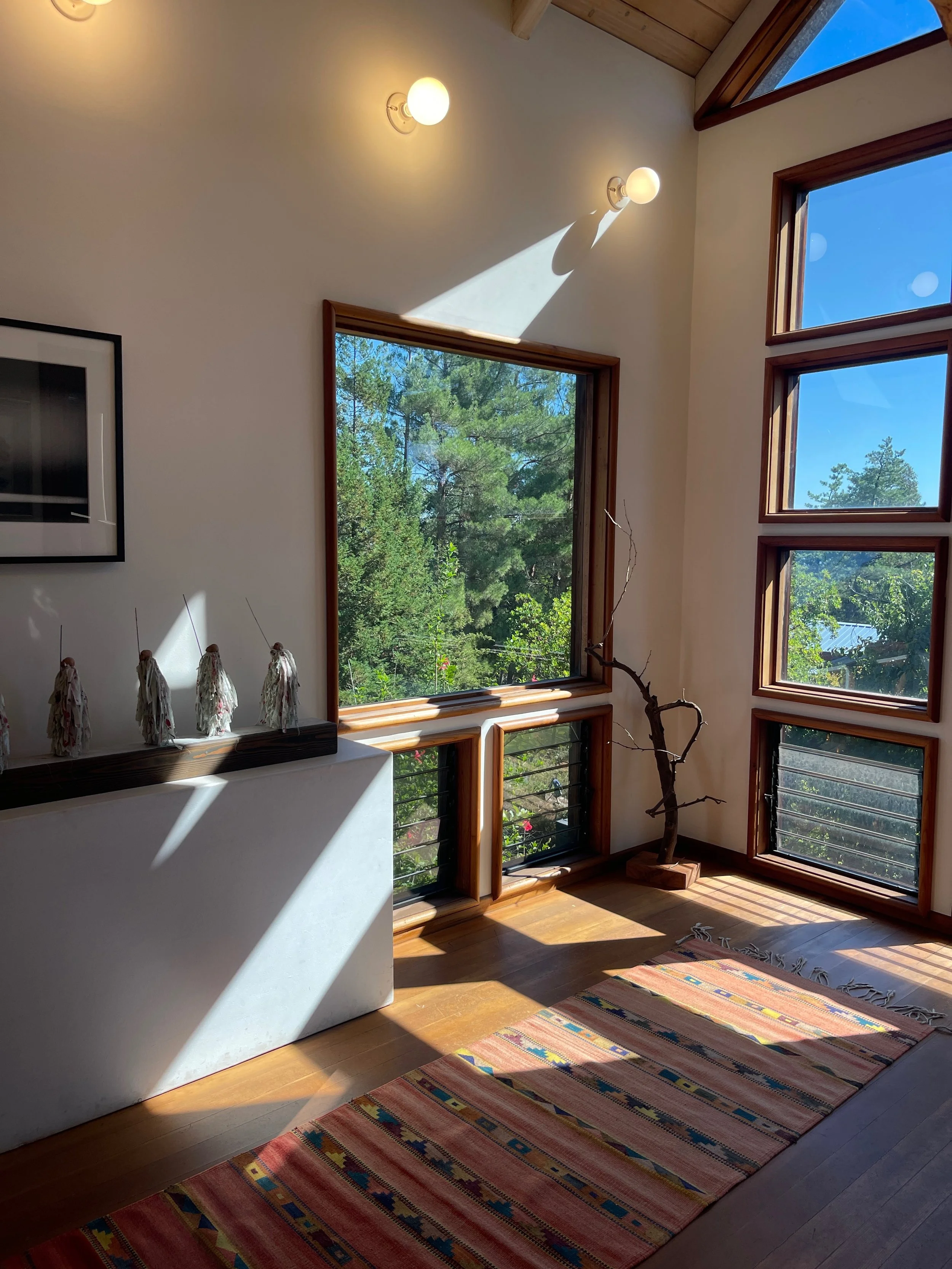 Sunlit corner with large windows, a colorful rug on wooden floor, a leafless decorative tree, and a display of art pieces on a white pedestal.