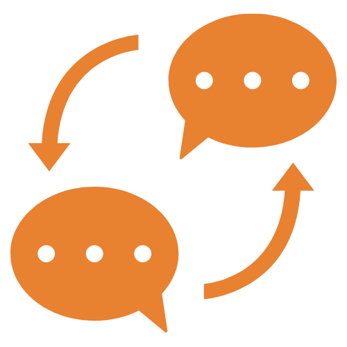 Two orange speech bubbles with three dots inside each, connected by curved arrows indicating conversation or communication flow.